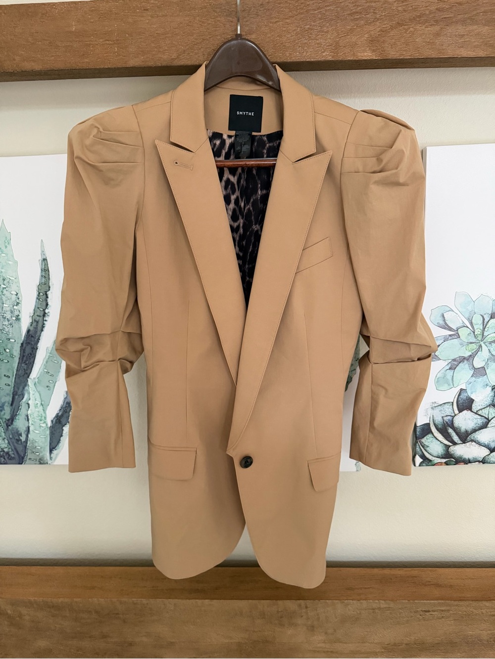 Smythe Camel Puff Sleeve Blazer with Leopard Lining